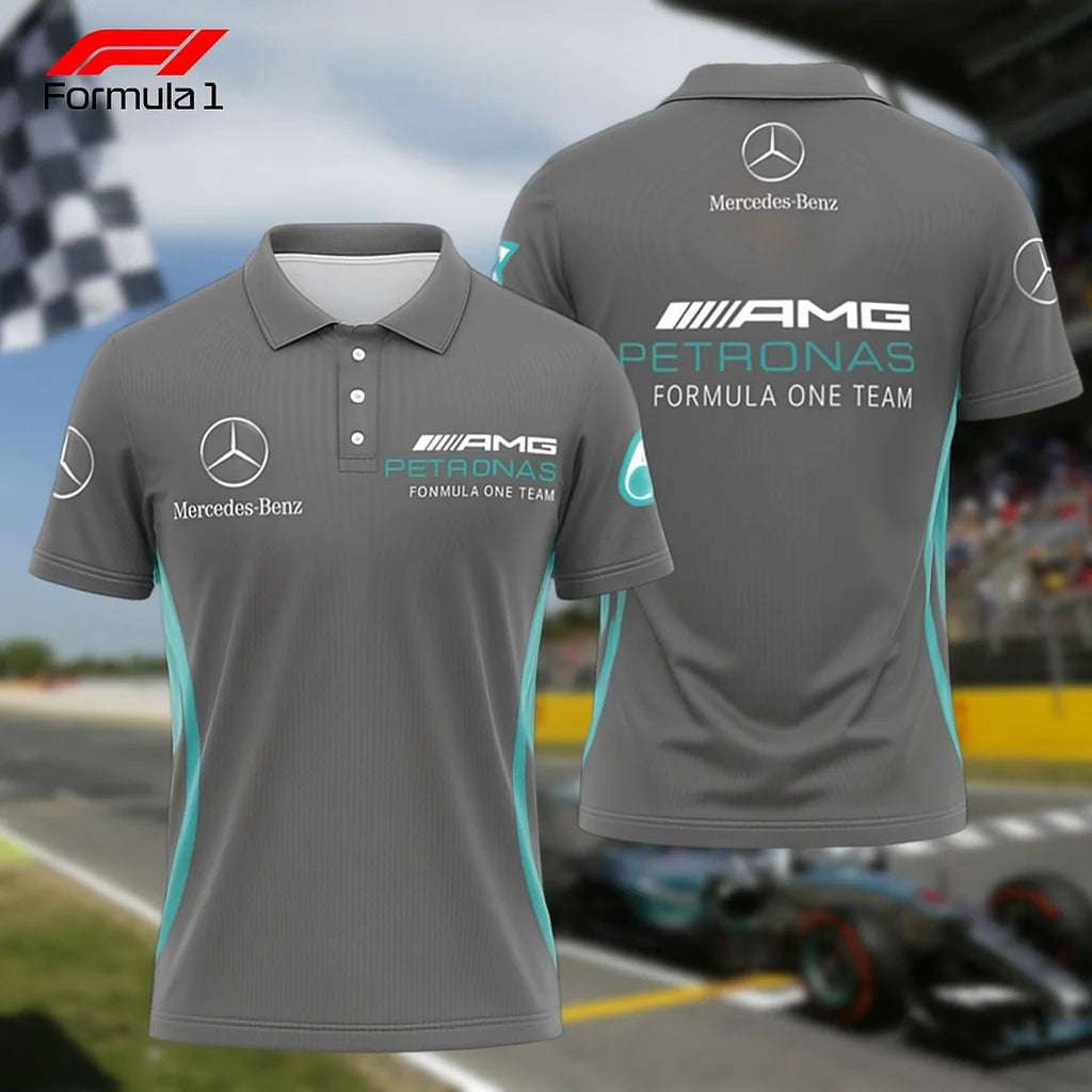 Mercedes AMG racing polo shirt in gray with Mercedes-Benz and AMG Petronas logos front and back