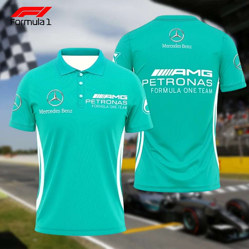 Mercedes AMG racing polo shirt in teal with Mercedes Benz and Petronas logos front and back
