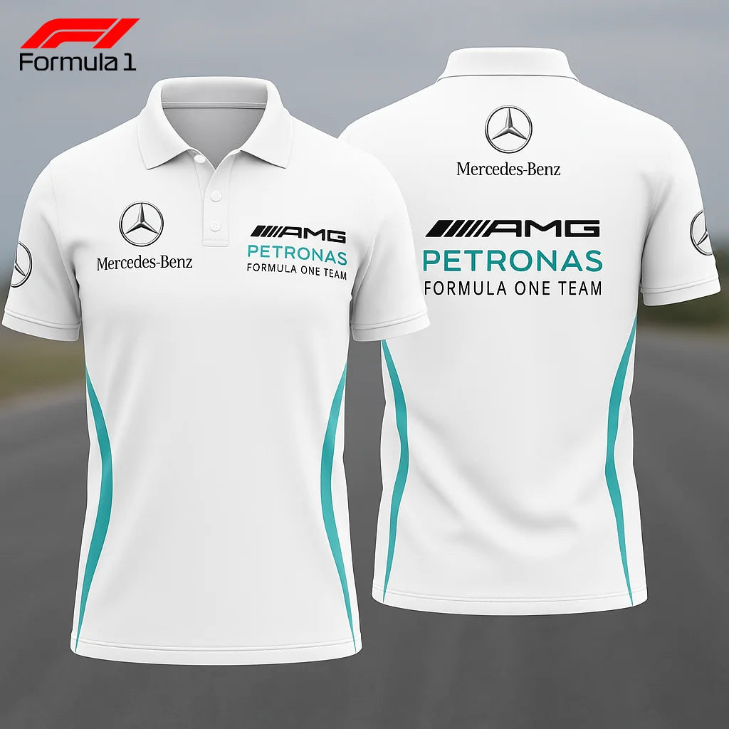 White Mercedes AMG racing polo shirt with Petronas and Formula One Team logos on front and back