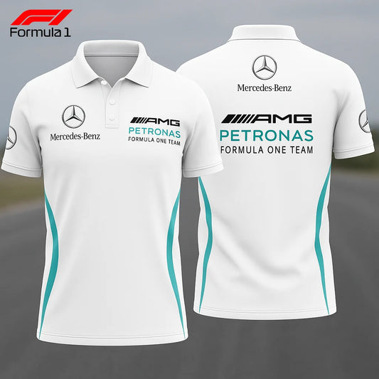 White Mercedes AMG racing polo shirt with Petronas and Formula One Team logos on front and back