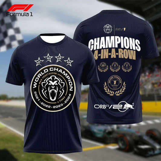 Verstappen 4th championship jersey with world champion print and 4 in a row text in navy blue