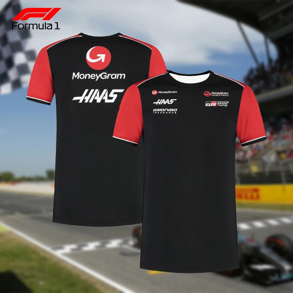 Black and red Haas F1 MoneyGram team shirt with sponsor logos and short sleeves