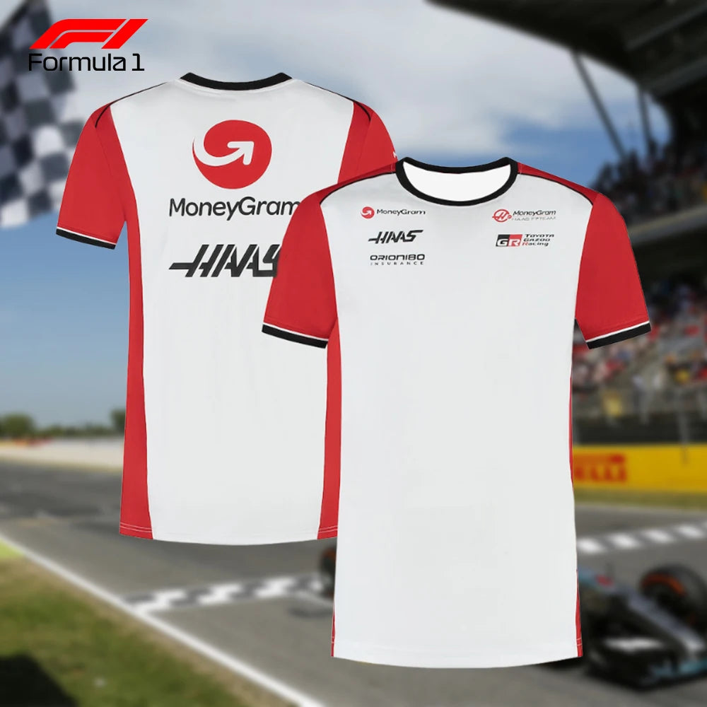 White and red Haas F1 MoneyGram team shirt featuring sponsor logos on front and back