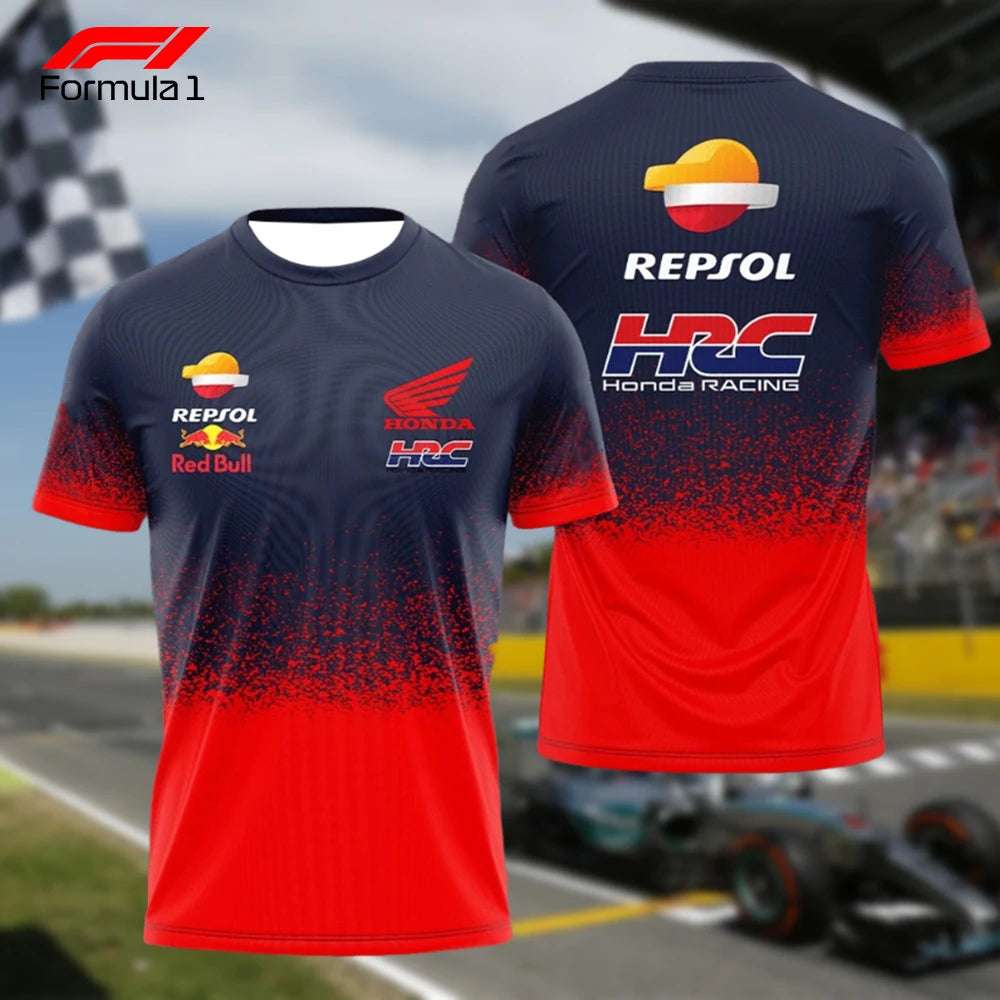 Motorcycle racing commemorative t-shirt with Repsol Honda Racing logos in navy and red