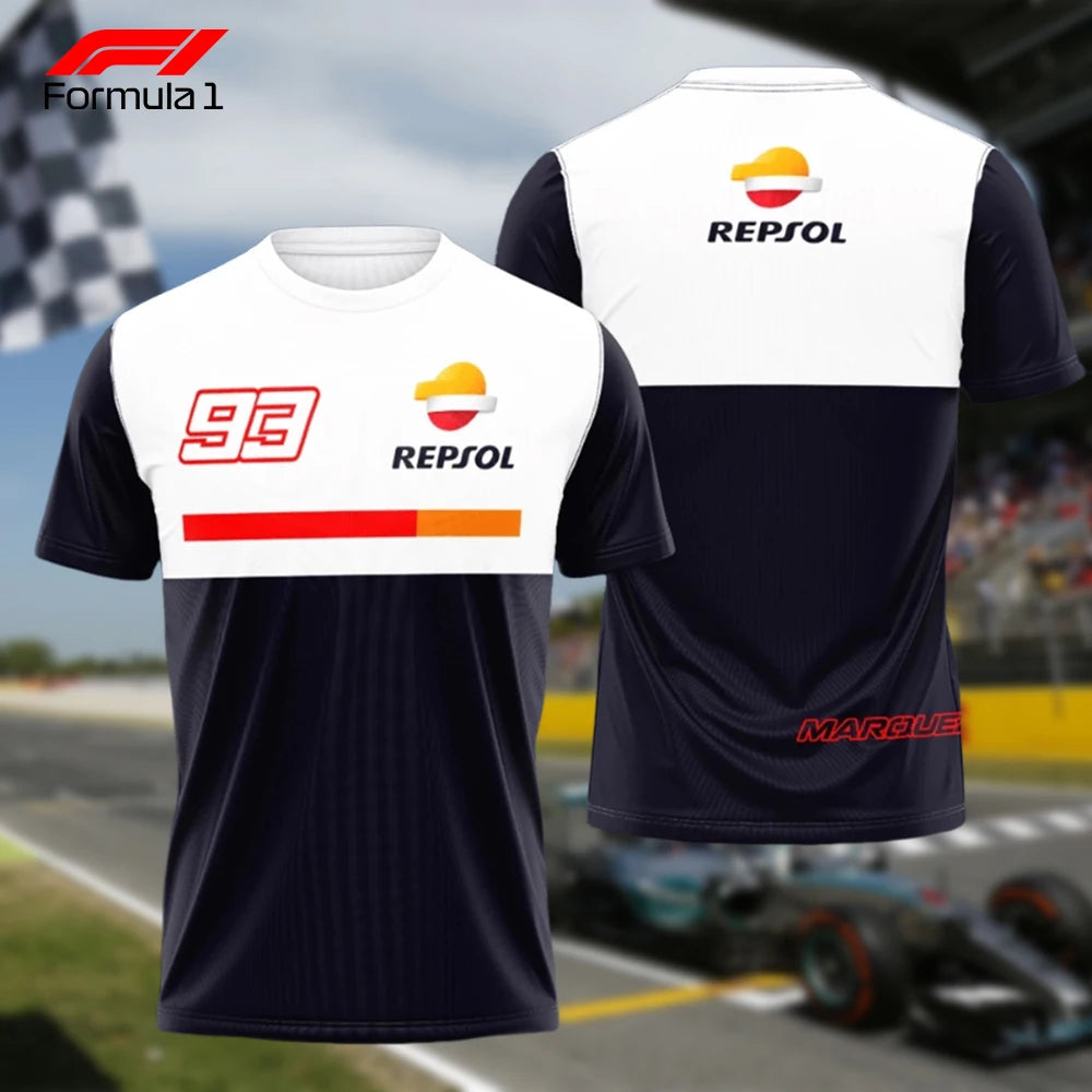 Black and white motorcycle racing commemorative t-shirt with Repsol logo and red accents
