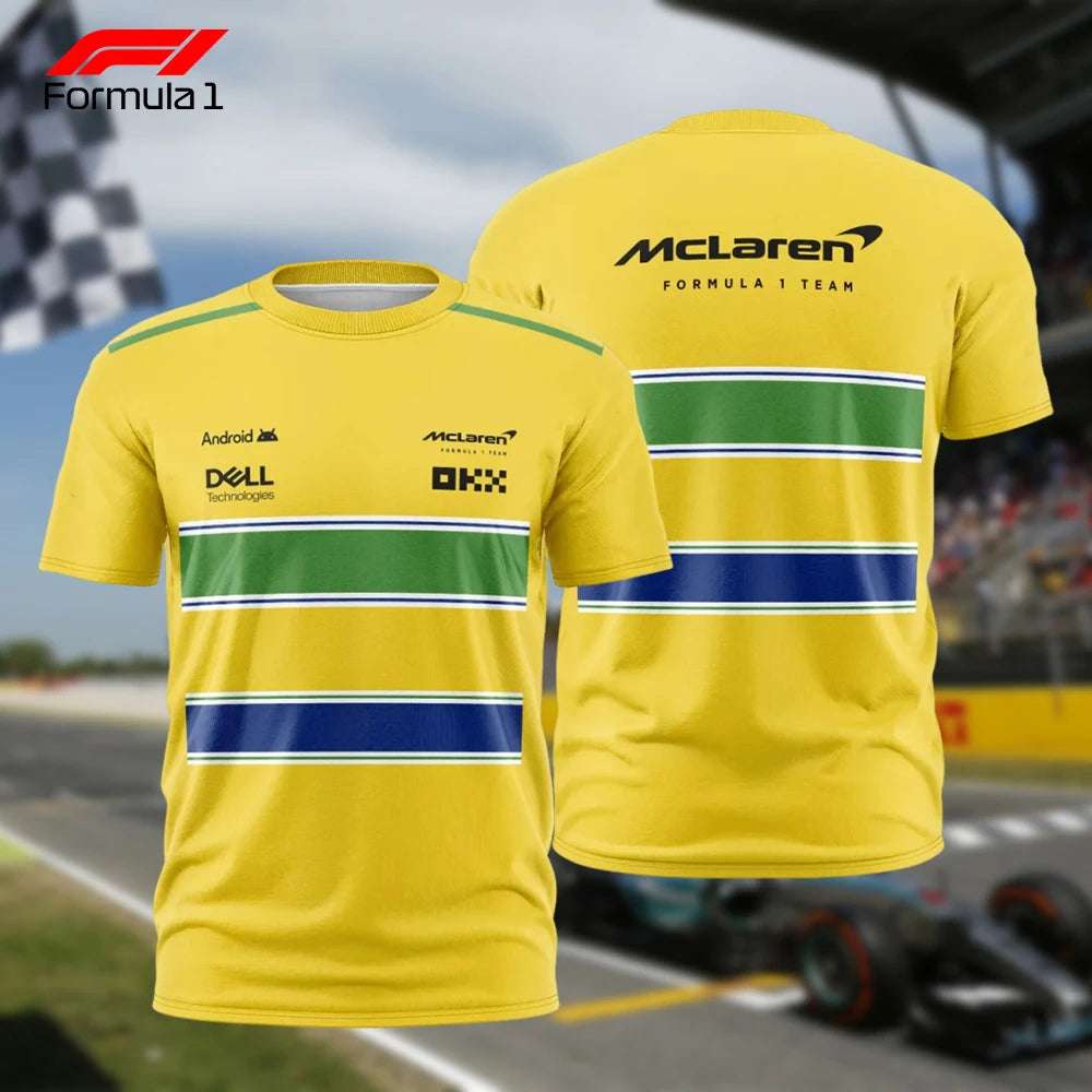Yellow McLaren Ayrton Senna F1 jersey with green and blue stripes and sponsor logos front and back