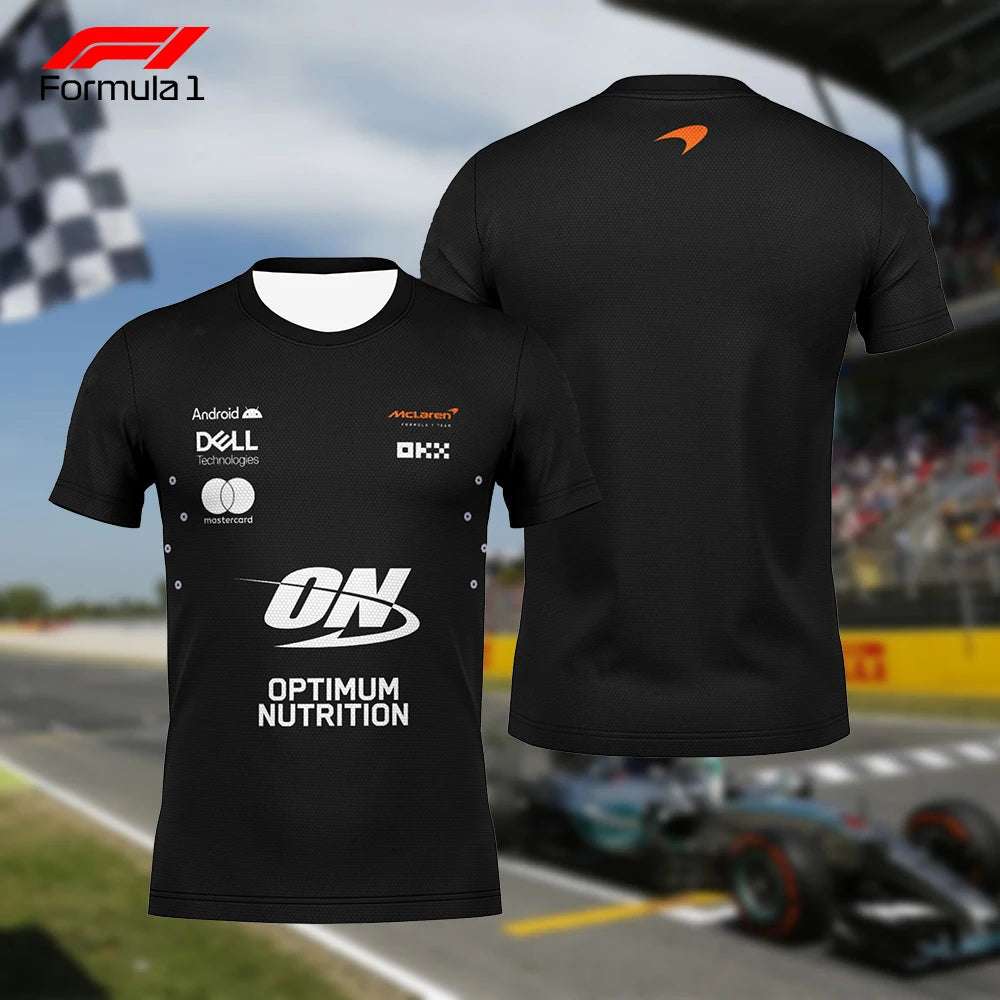 Black McLaren F1 Lando Norris shirt with Optimum Nutrition logo and sponsor branding front and back