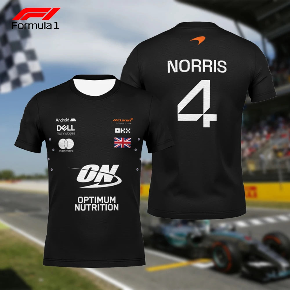 Black McLaren F1 Lando Norris shirt with sponsor logos and racing number 4 on back