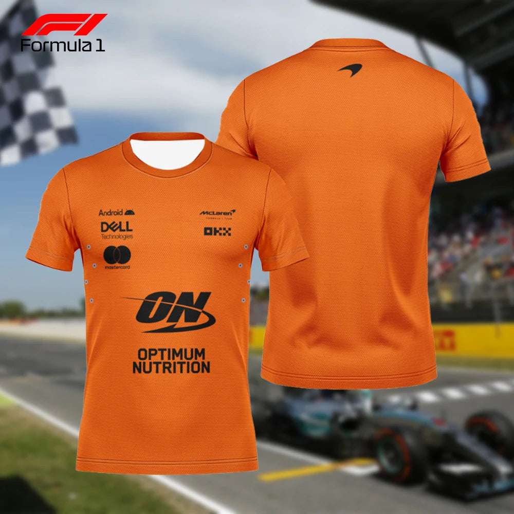 Orange McLaren F1 Lando Norris shirt with sponsor logos front and back view