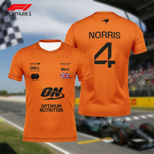 Front and back view of McLaren F1 Lando Norris shirt in orange with sponsor logos and number 4