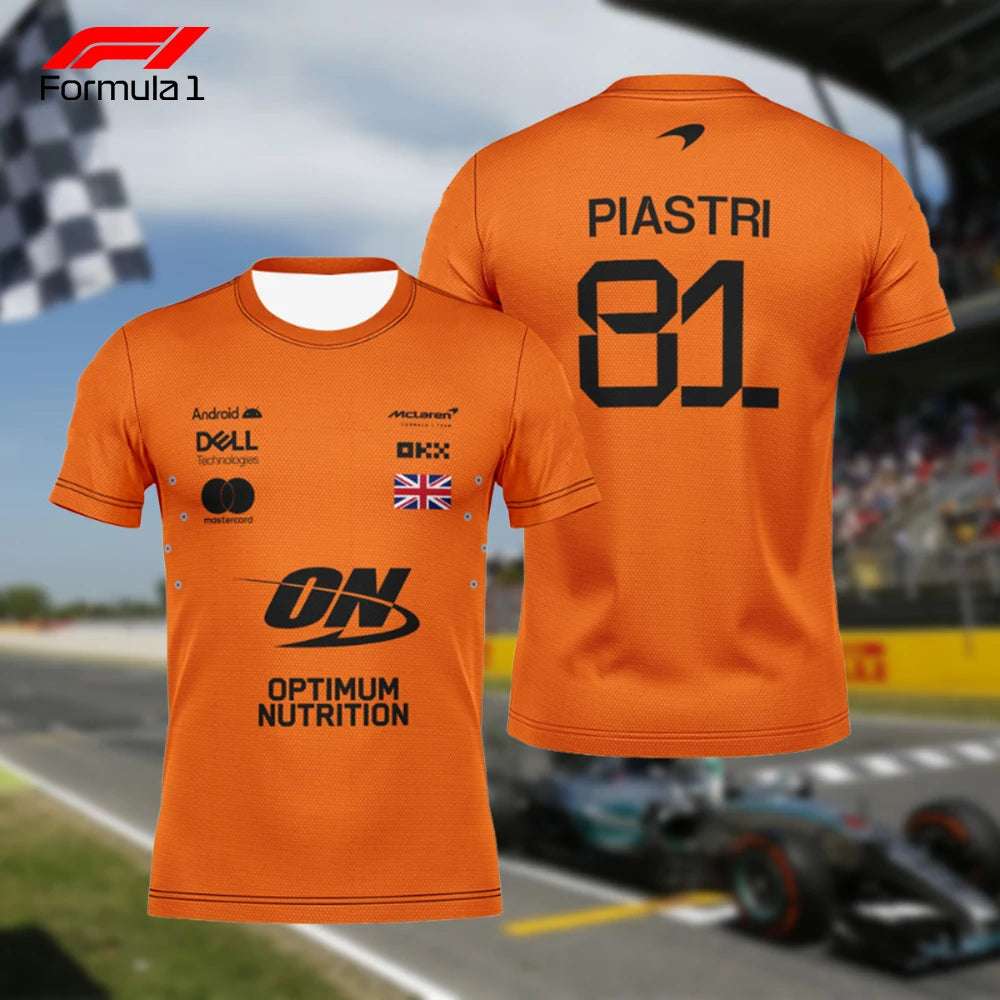 Orange McLaren F1 Lando Norris shirt front with sponsor logos and back with Piastri 81 number