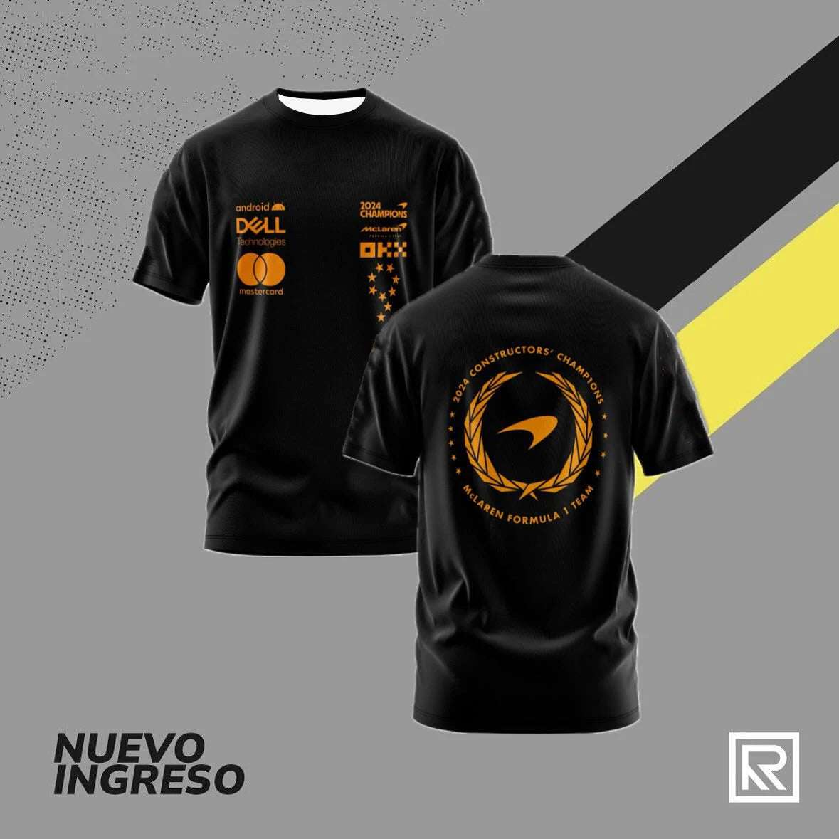 Black F1 McLaren Racing Team shirt with orange sponsor logos and championship design
