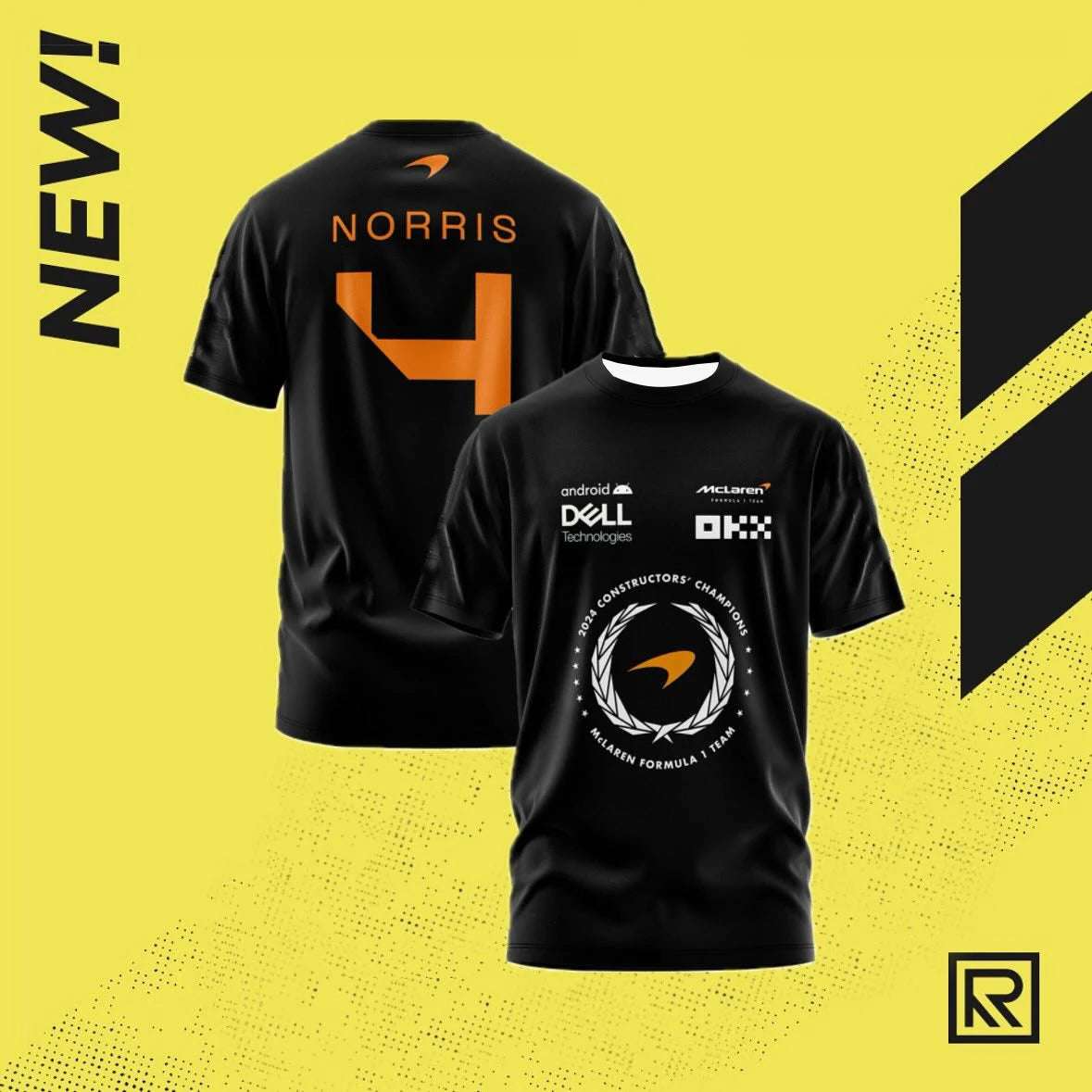 F1 McLaren Racing Team shirt black with Norris number 4 and sponsor logos in orange and white