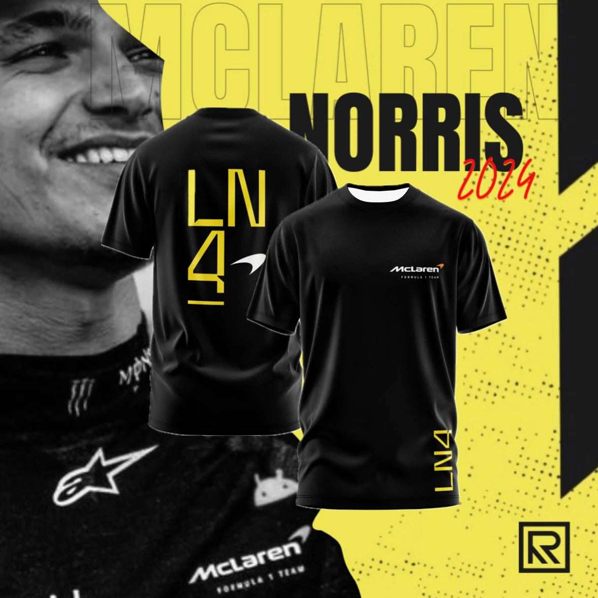 Black F1 McLaren Racing Team shirt featuring Norris 2024 design with yellow LN4 graphics front and back