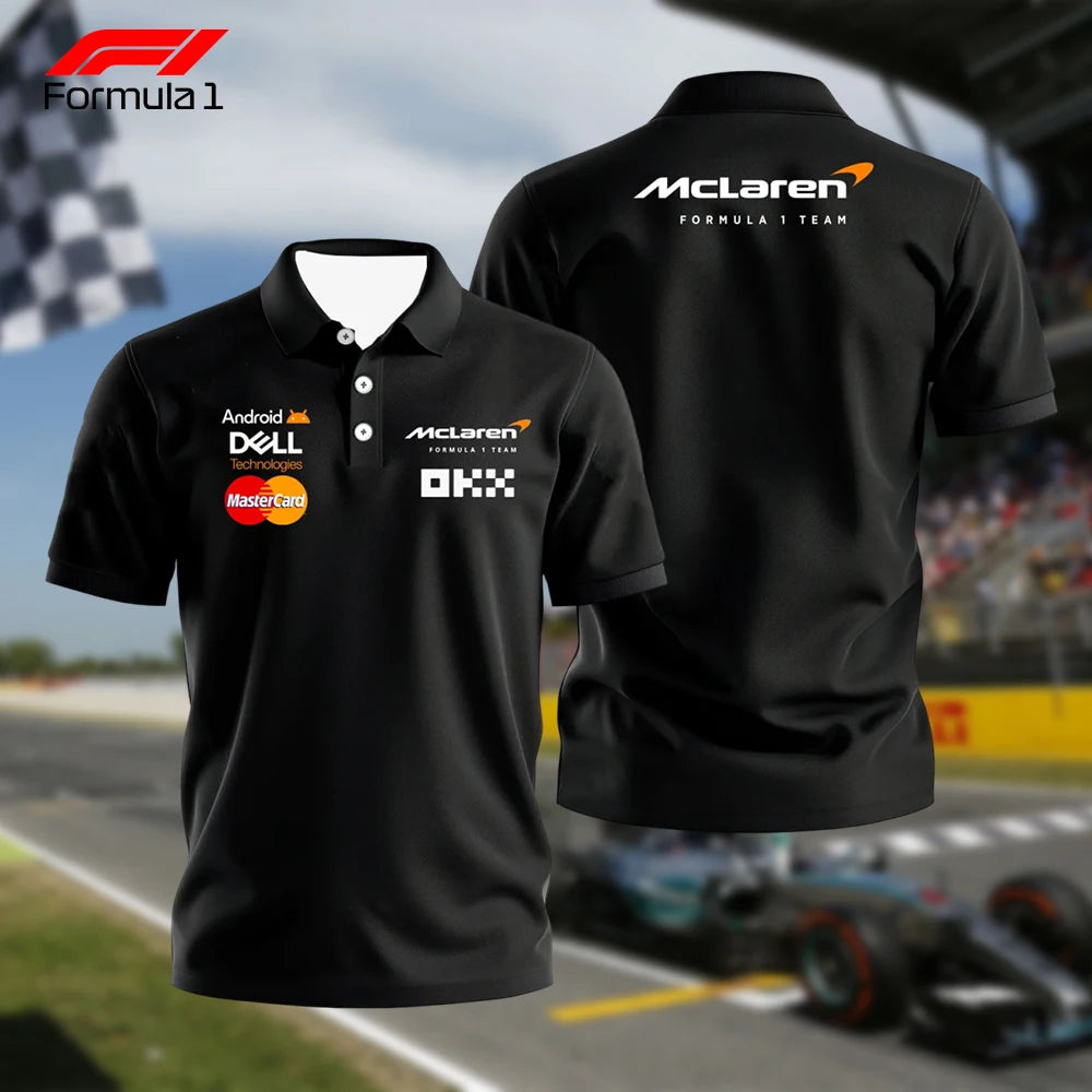 Black McLaren F1 polo shirt 2025 with sponsor logos and embroidered team branding