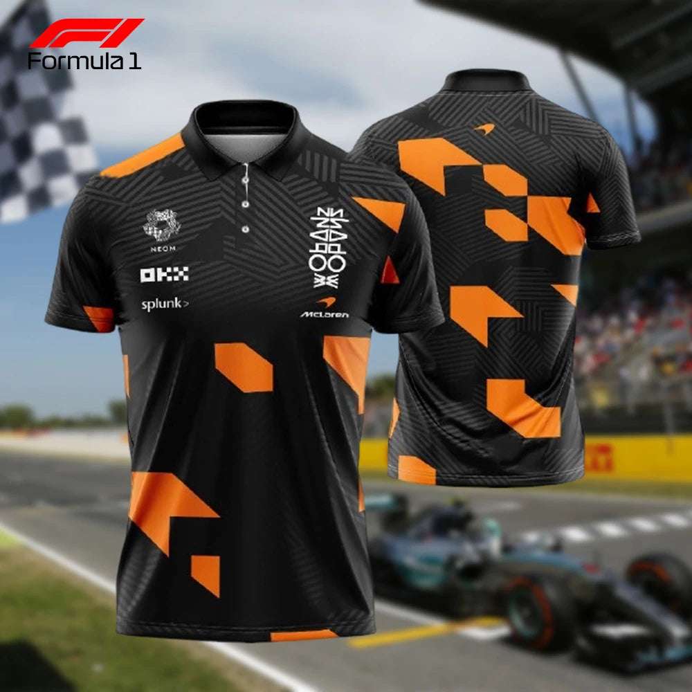 Black and orange McLaren F1 polo shirt with geometric design and sponsor logos front and back