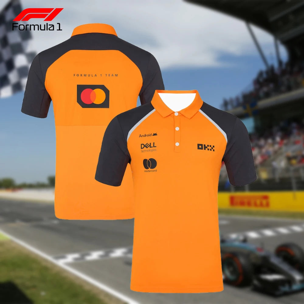 Orange and black McLaren F1 polo shirt with sponsor logos and button collar, displayed front and back