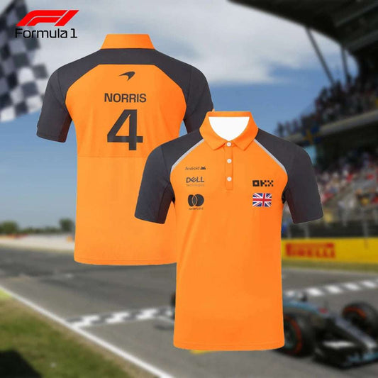 Orange and black McLaren F1 polo shirt with Norris 4 branding and sponsor logos