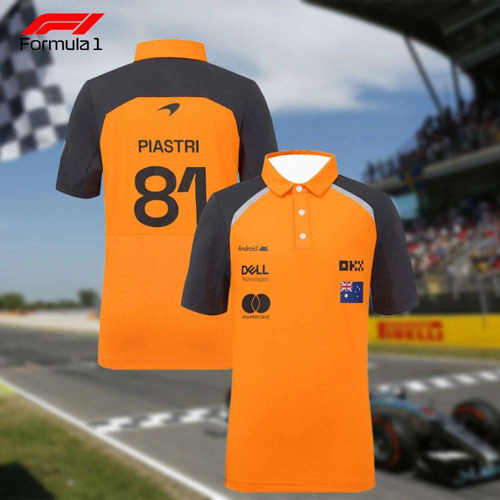 Orange and black McLaren F1 polo shirt with Piastri 81 design and sponsor logos