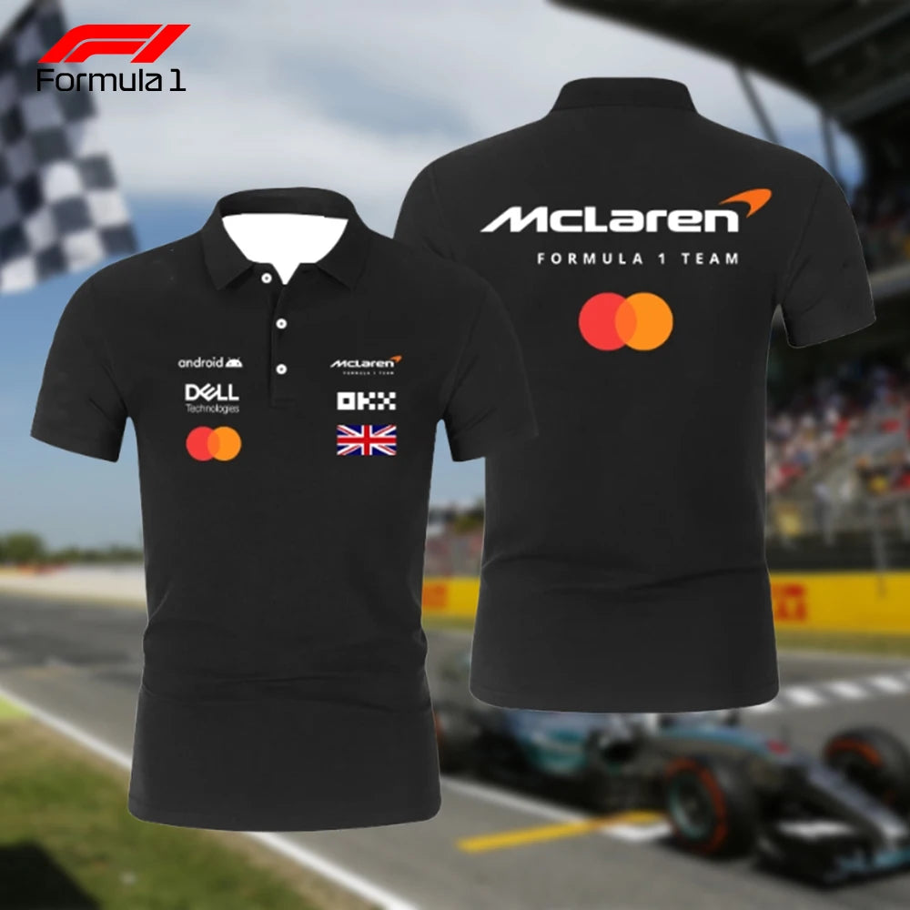 Black McLaren F1 team shirt with sponsor logos and British flag design front and back