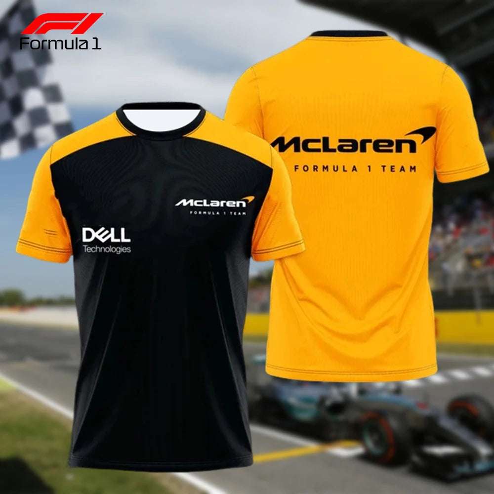 Black and yellow McLaren F1 team shirt with logo and sponsor Dell Technologies front and back view