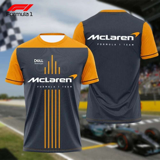 McLaren F1 team shirt in black and orange with sponsor logos and Formula 1 branding