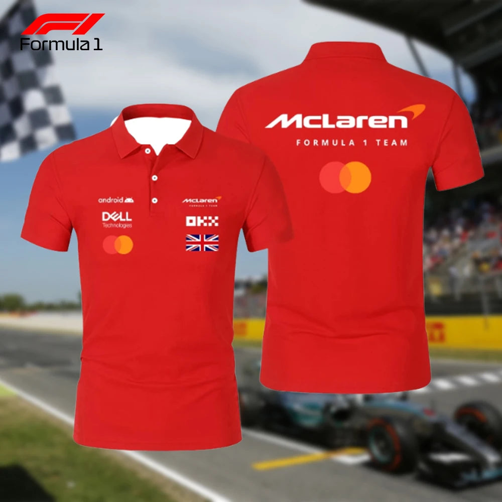 Red McLaren F1 team shirt with sponsor logos and British flag on front and McLaren logo on back