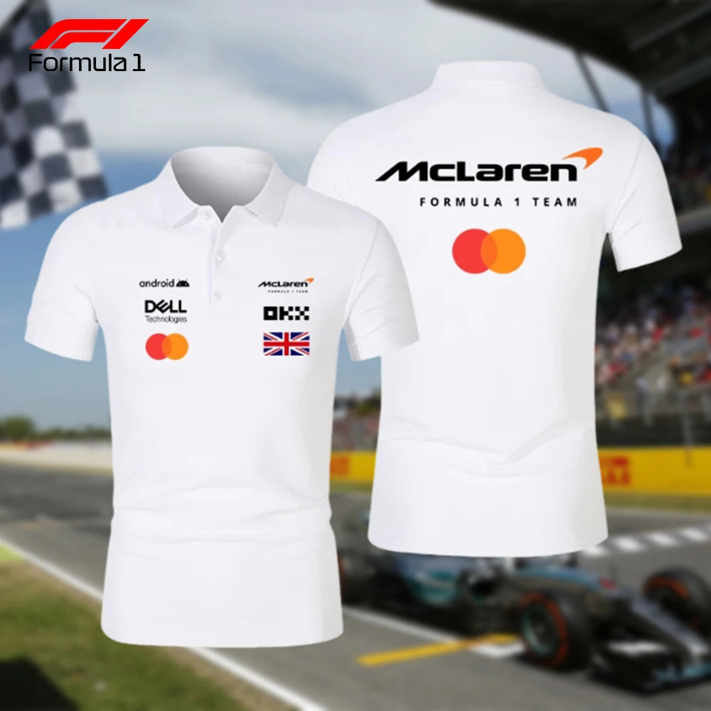 White McLaren F1 team shirt with sponsor logos and UK flag on front and McLaren branding on back