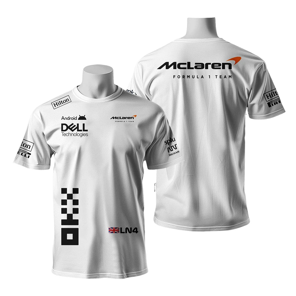 White McLaren F1 team t-shirt featuring sponsor logos and McLaren branding front and back
