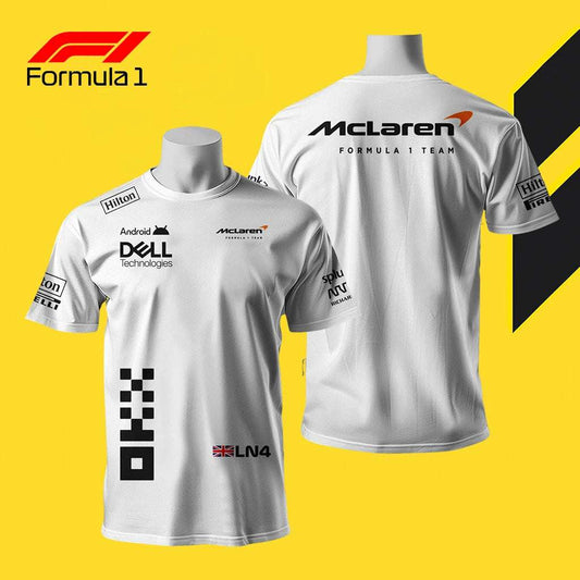 White McLaren F1 team t-shirt featuring sponsor logos front and back on yellow background
