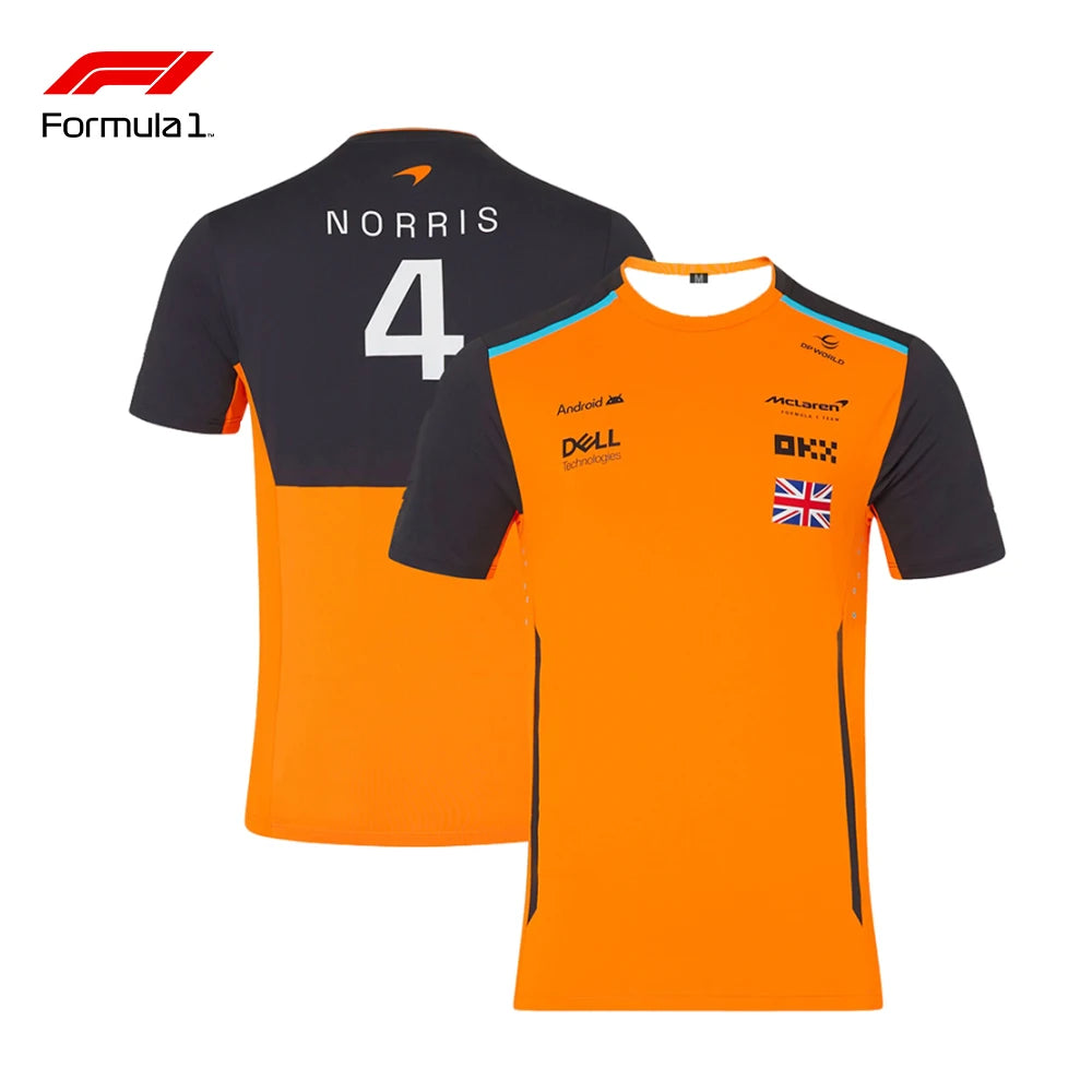 Lando Norris racing t-shirt in orange and black with number 4 and sponsor logos, front and back view