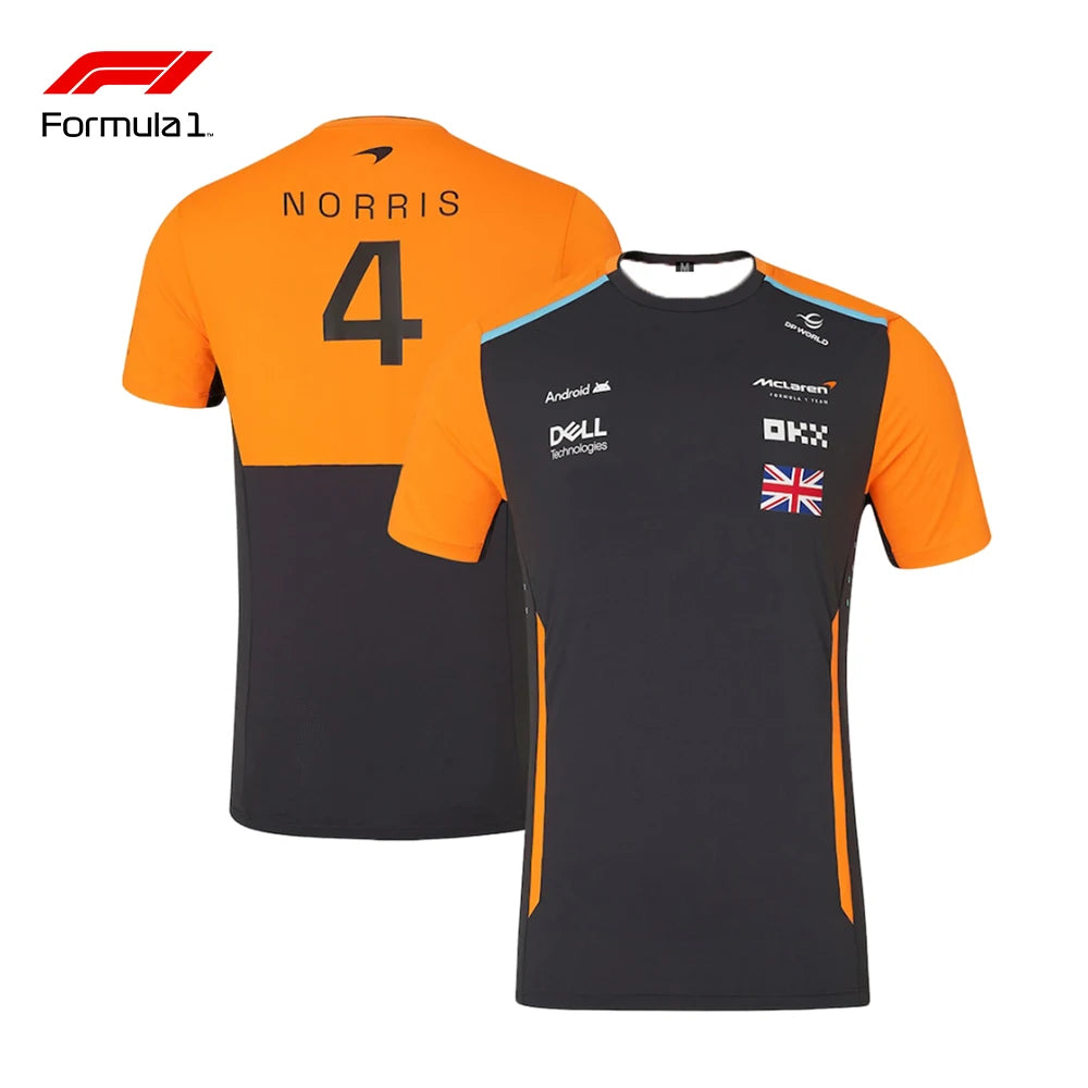 Lando Norris racing t-shirt in black and orange with McLaren and sponsor logos front and back number 4