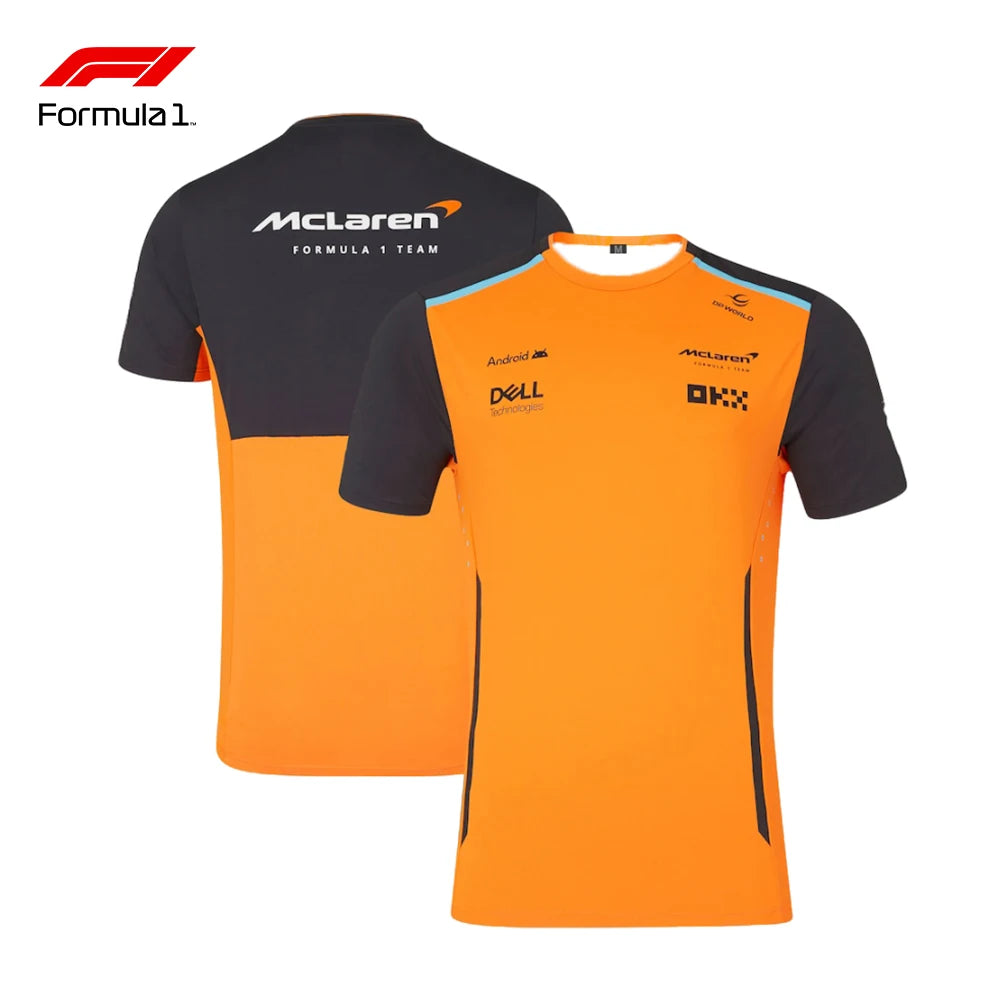 Lando Norris racing t-shirt in orange and black with McLaren and sponsor logos front and back