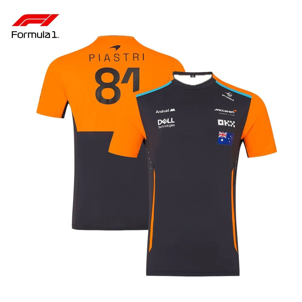 Front and back view of Lando Norris racing t-shirt inspired by McLaren orange and black design