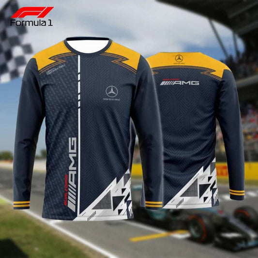 Front and back view of black and yellow Mercedes AMG blouse with geometric design and logo
