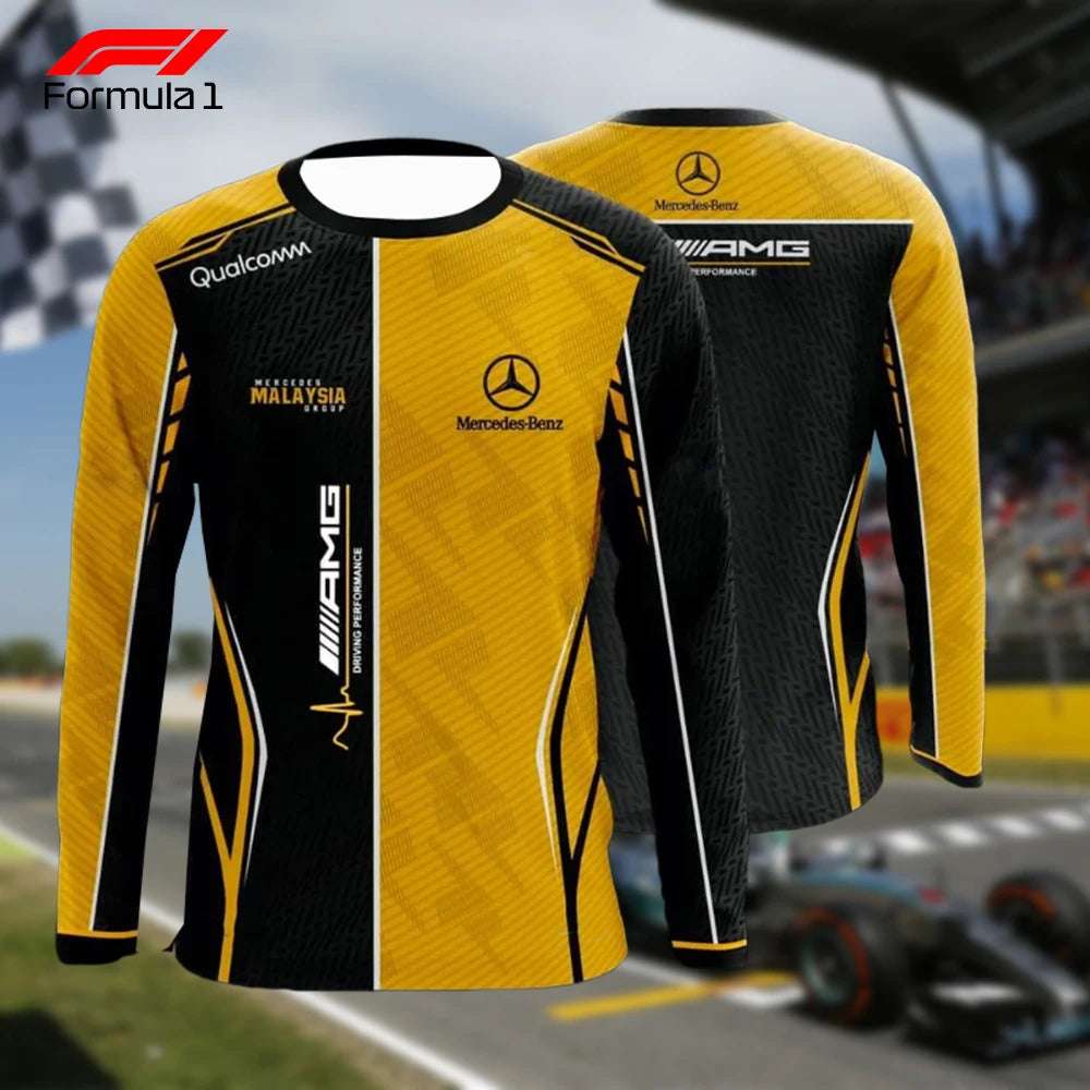 Long sleeve Mercedes AMG blouse in black and yellow with Mercedes Benz and Qualcomm logos