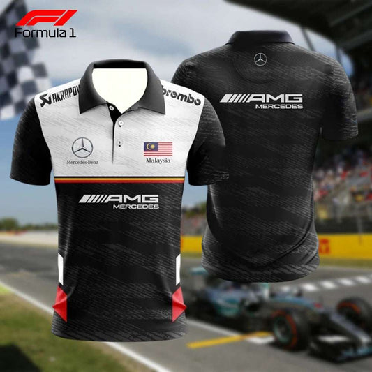Black and white Mercedes AMG F1 polo shirt with sponsor logos and Malaysian flag