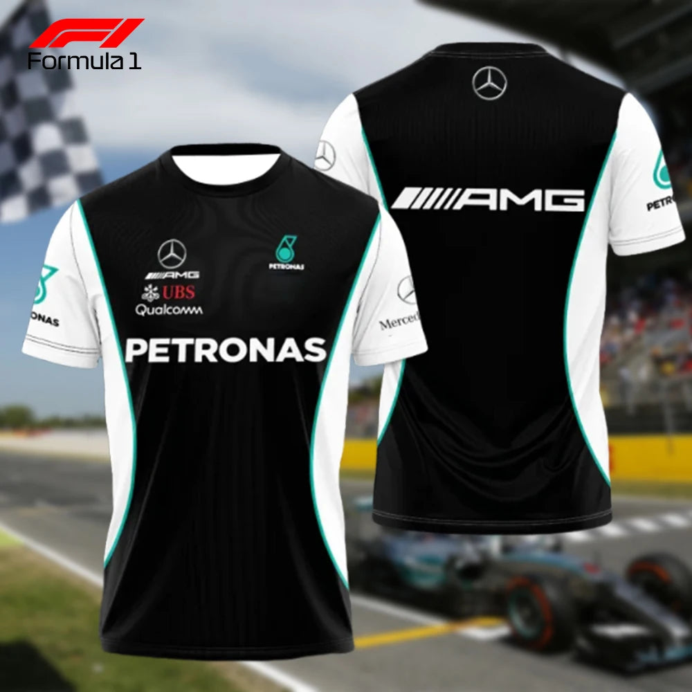 Front and back view of black and white Mercedes-AMG F1 T-shirt with sponsor logos and turquoise accents