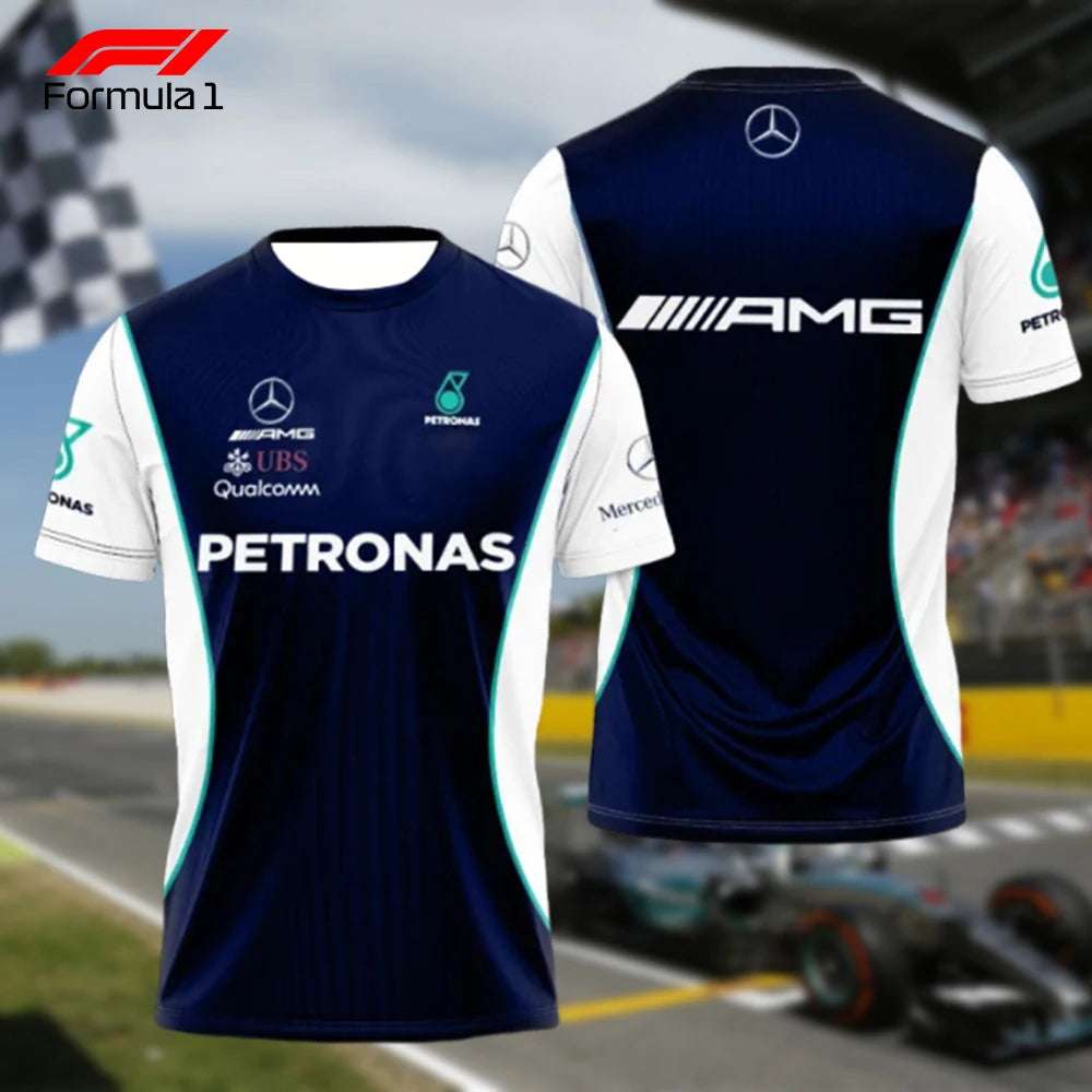 Front and back view of Mercedes-AMG F1 T-shirt in navy with white sleeves and sponsor logos