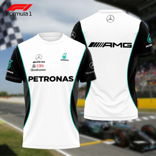 Front and back view of white Mercedes-AMG F1 T-shirt with black and teal accents and sponsor logos