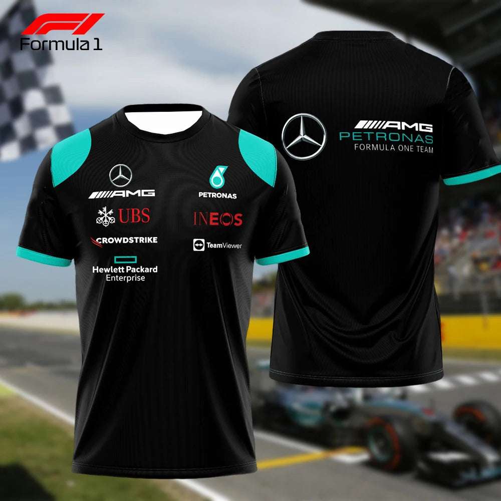 Mercedes AMG F1 Team shirt in black with sponsor logos and turquoise shoulder accents