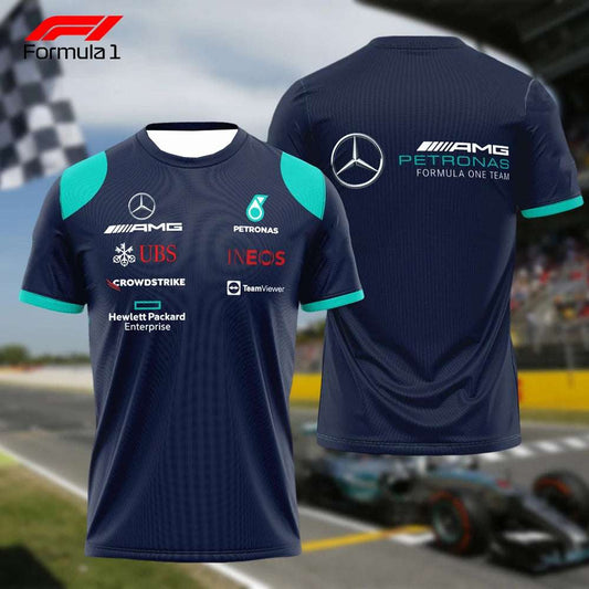 Mercedes AMG F1 Team shirt in navy blue with sponsor logos and turquoise accents front and back view