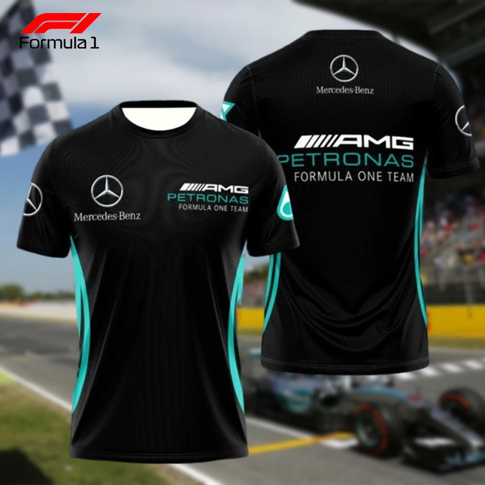 Black Mercedes AMG Formula 1 T-shirt with Petronas and Mercedes Benz logos front and back