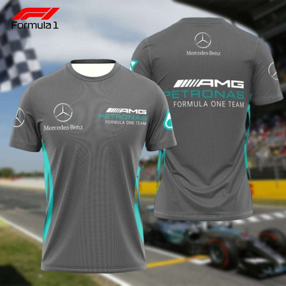 Gray Mercedes AMG Formula 1 T-shirt with team logos and teal side accents, front and back view