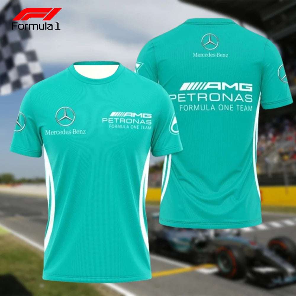 Mercedes AMG Formula 1 T-shirt in teal with Mercedes Benz and Petronas logos front and back