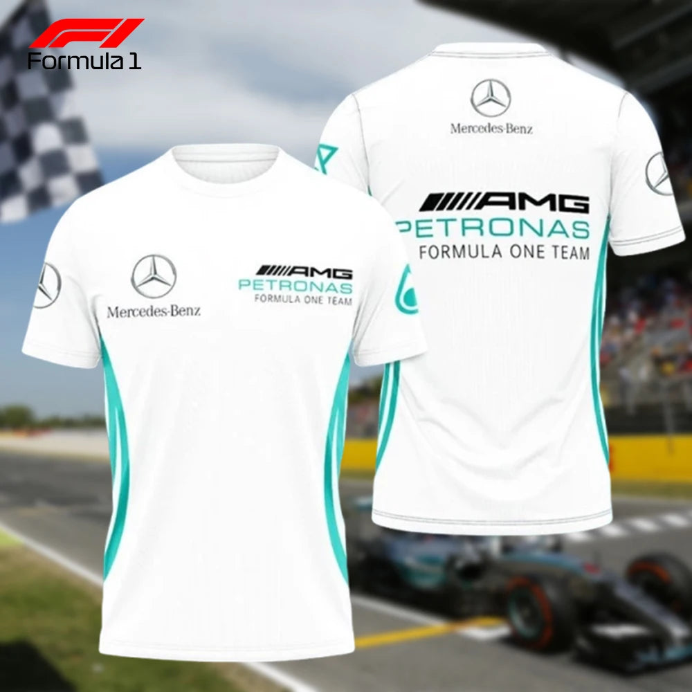 White Mercedes AMG Formula 1 T-shirt with Petronas and Mercedes-Benz logos front and back