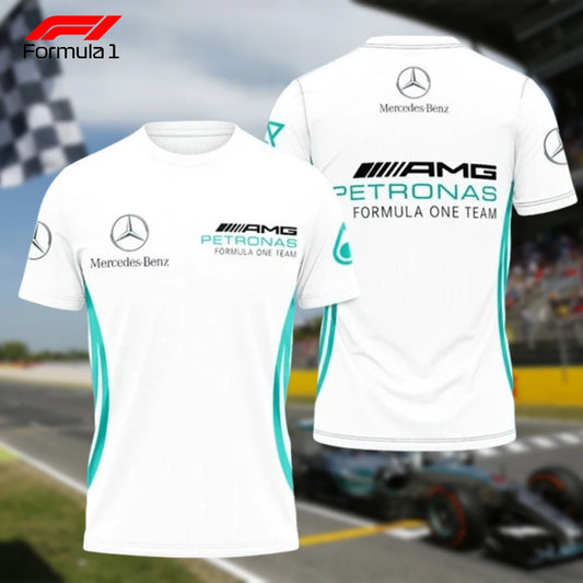 White Mercedes AMG Formula 1 T-shirt with Petronas and Mercedes-Benz logos front and back