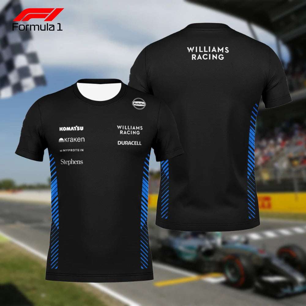 Mercedes AMG Formula 1 T-shirt in black with sponsor logos and blue side stripes front and back view