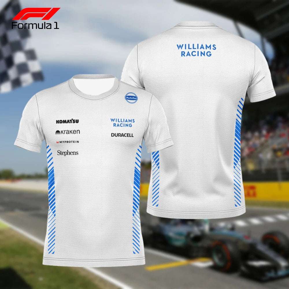 White Williams Racing Mercedes AMG Formula 1 T-shirt with sponsor logos and blue side stripes