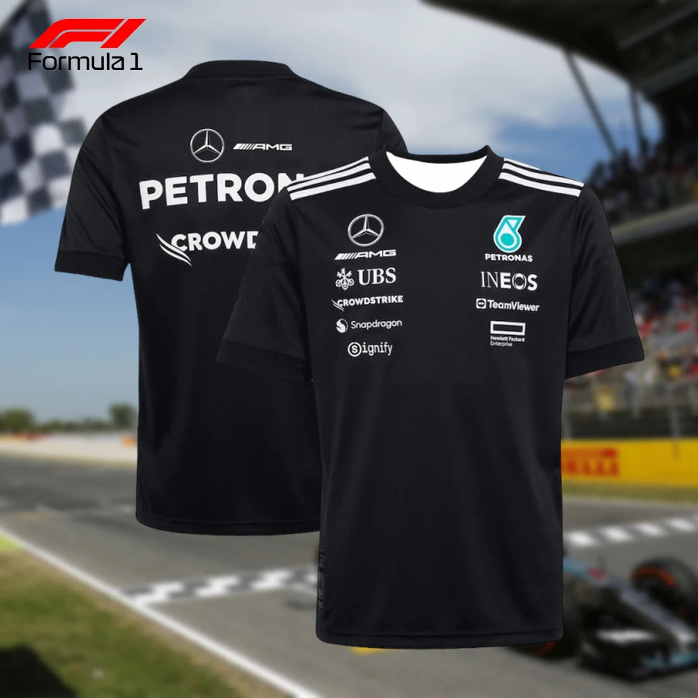 Black Mercedes AMG Petronas F1 t-shirt with sponsor logos front and back design